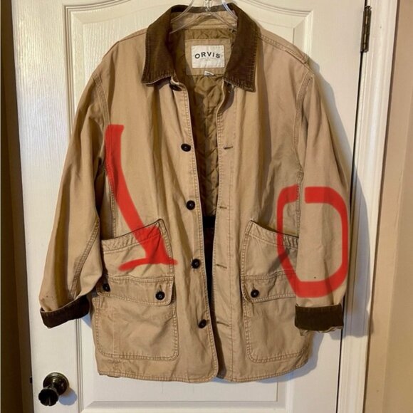 Vintage ORVIS Canvas Chore Barn Coat Field Jacket Corduroy Cuffs Tan Brown Sz L - Picture 8 of 12
